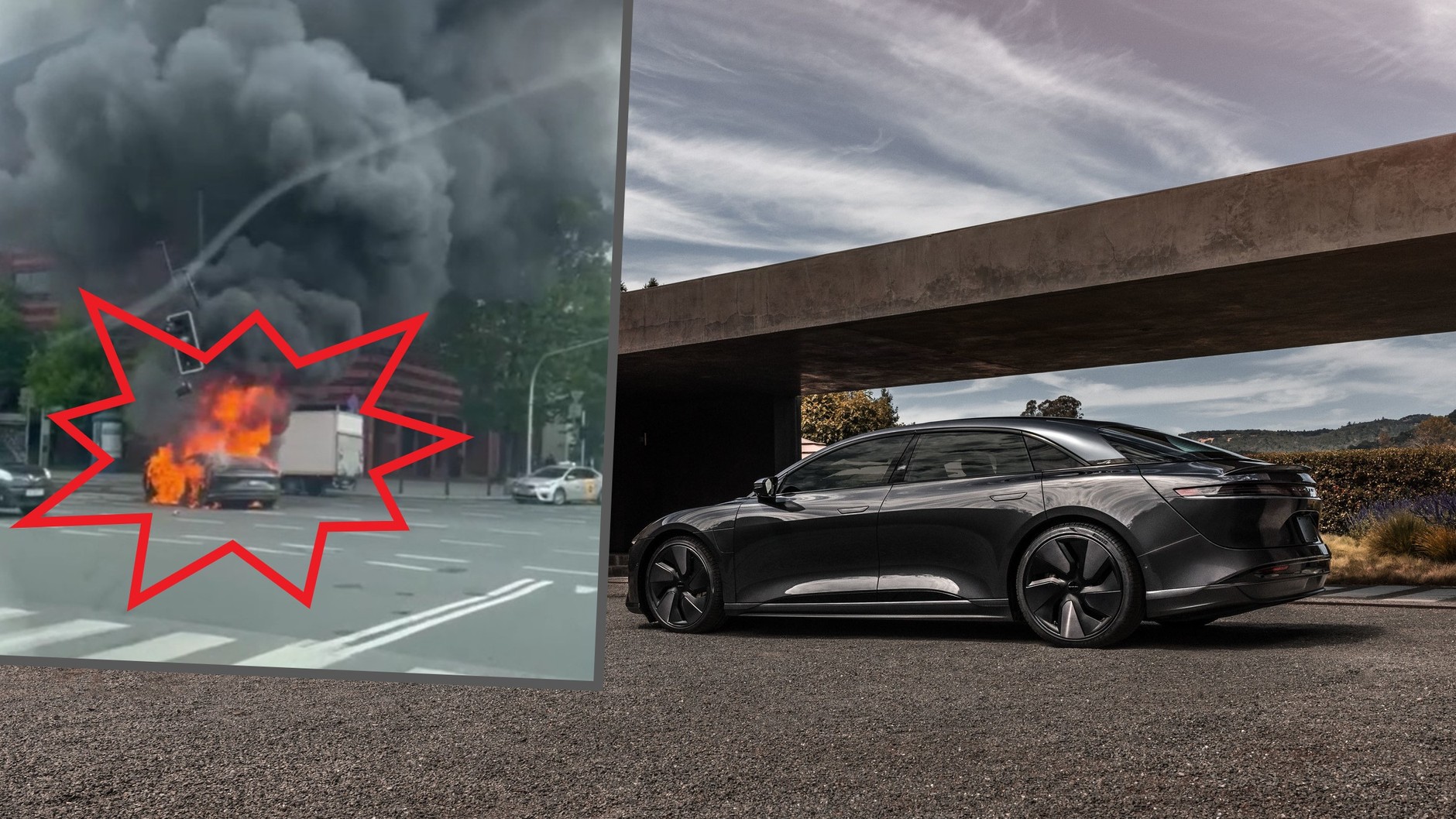 Lucid Air doszczętnie spłonął po wypadku w Warszawie. Straż pożarna na miejscu otworzyła obudowę akumulatora, żeby ugasić poszczególne ogniwa.