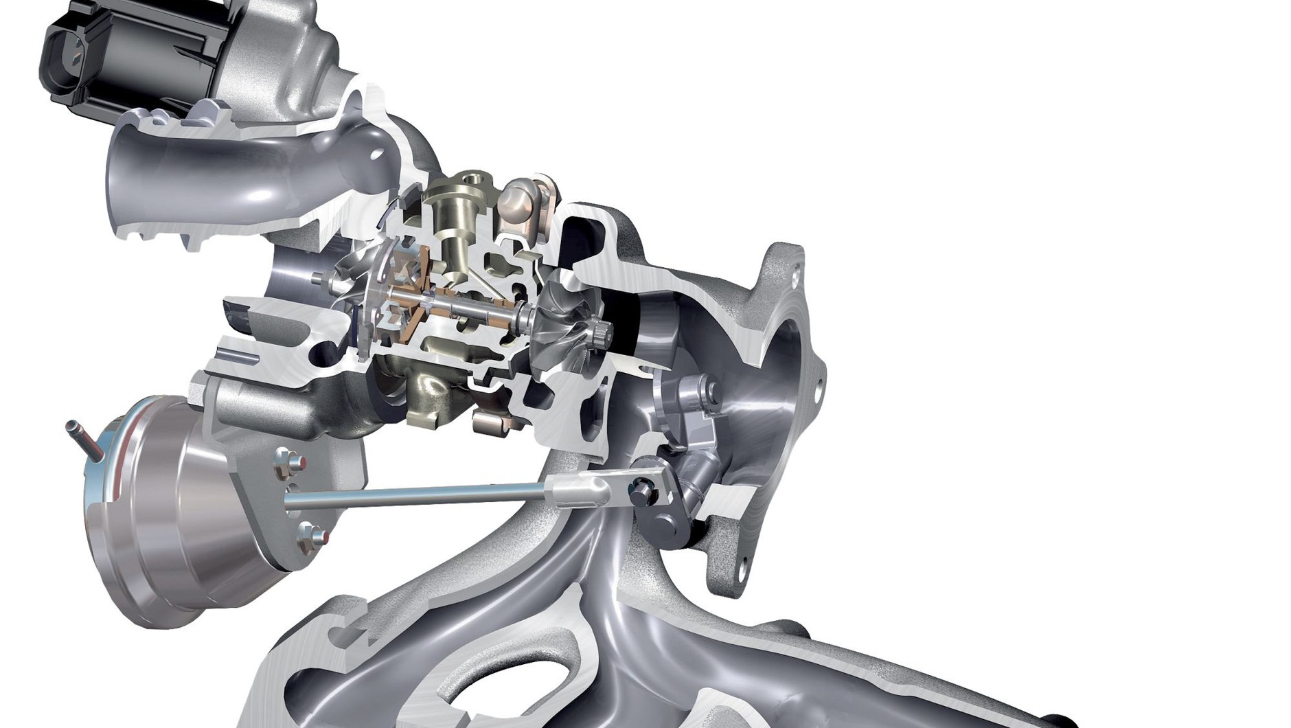 Przekrój przez prostą turbosprężarkę ze stałą geometrią. Ostatniozmienna geometria, sterowana już raczej nie podciśnieniem, lecz elektronicznie, pojawia się też w benzyniakach.