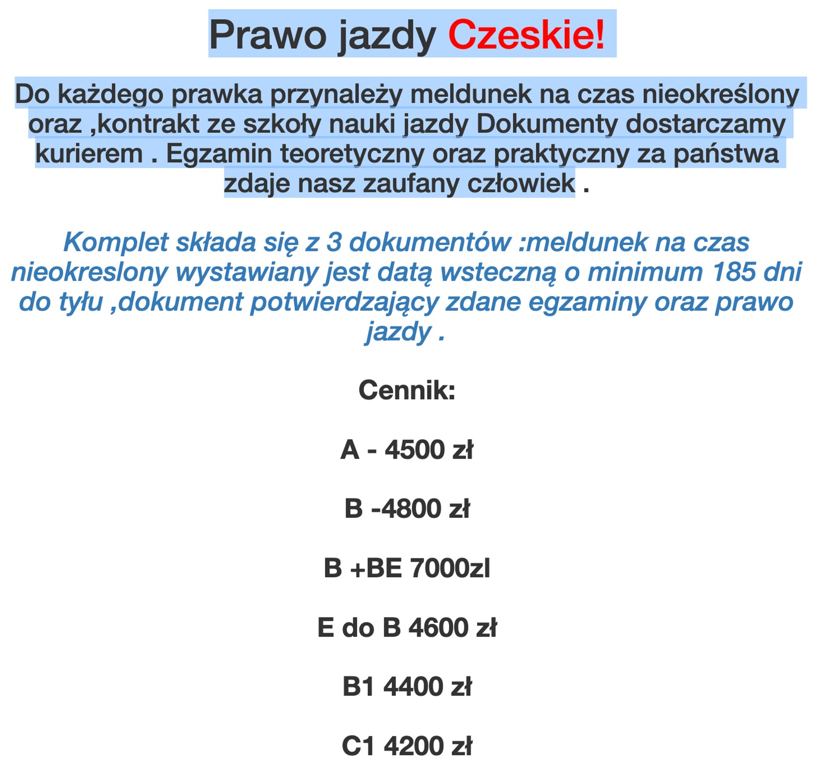 Cennik za "lewe" prawo jazdy znaleziony w Internecie