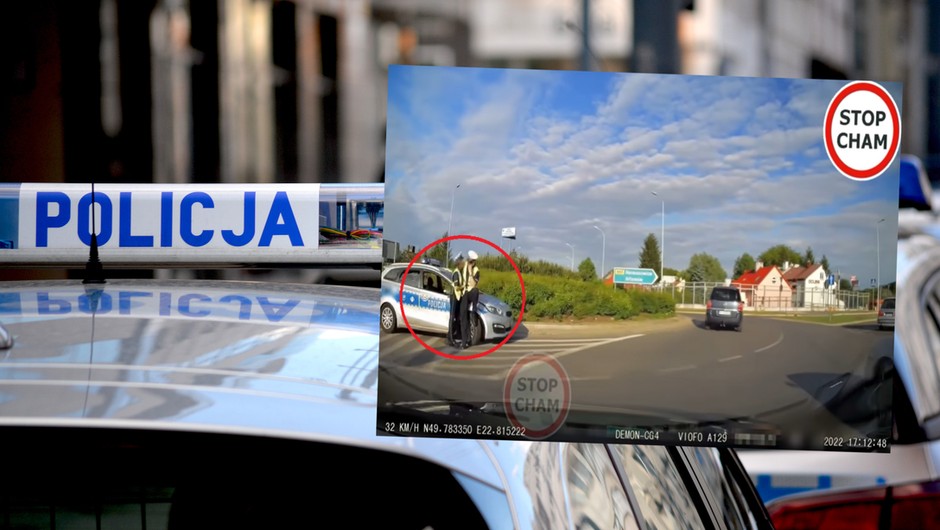 Policjanci obściskiwali się na rondzie w Przemyślu (screen: Youtube.com/STOPCHAM)