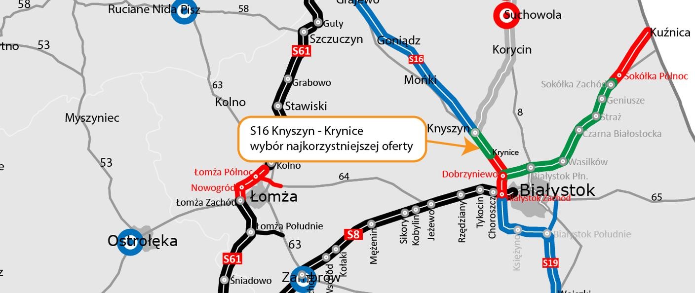 Mapa — odcinek drogi S16 Knyszyn — Krynice