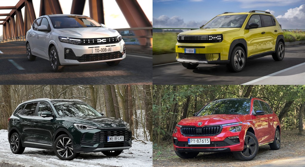 Dacia Sandero, Fiat Grande Panda, Skoda Kamiq, MG ZS (od lewej zgodnie z ruchem wskazówek zegara)