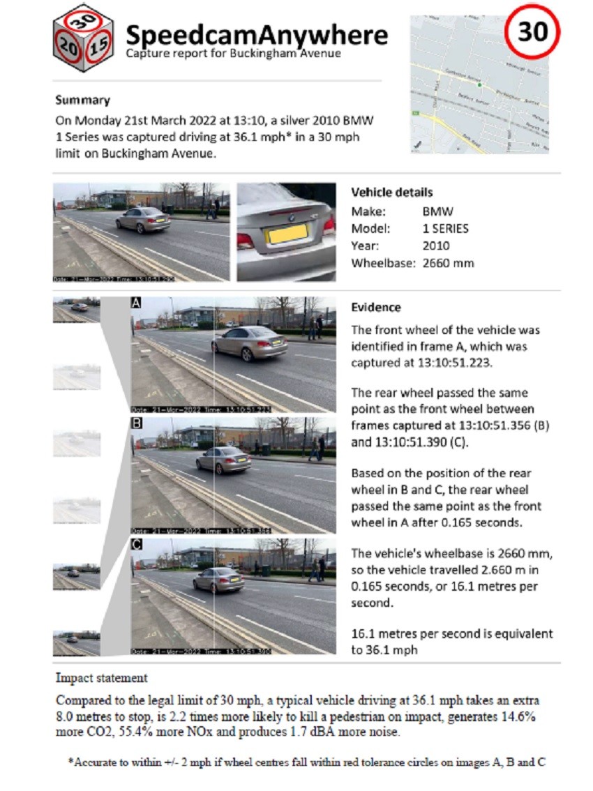 Tak wygląda raport sporządzony przez użytkownika Speedcam Anywhere