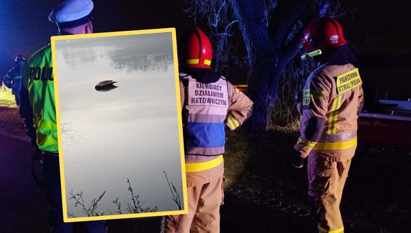 Elektryczny peugeot wpadł do stawu w Dankowicach (zdjęcie w ramce: facebook.com/KMPSPBielsko)