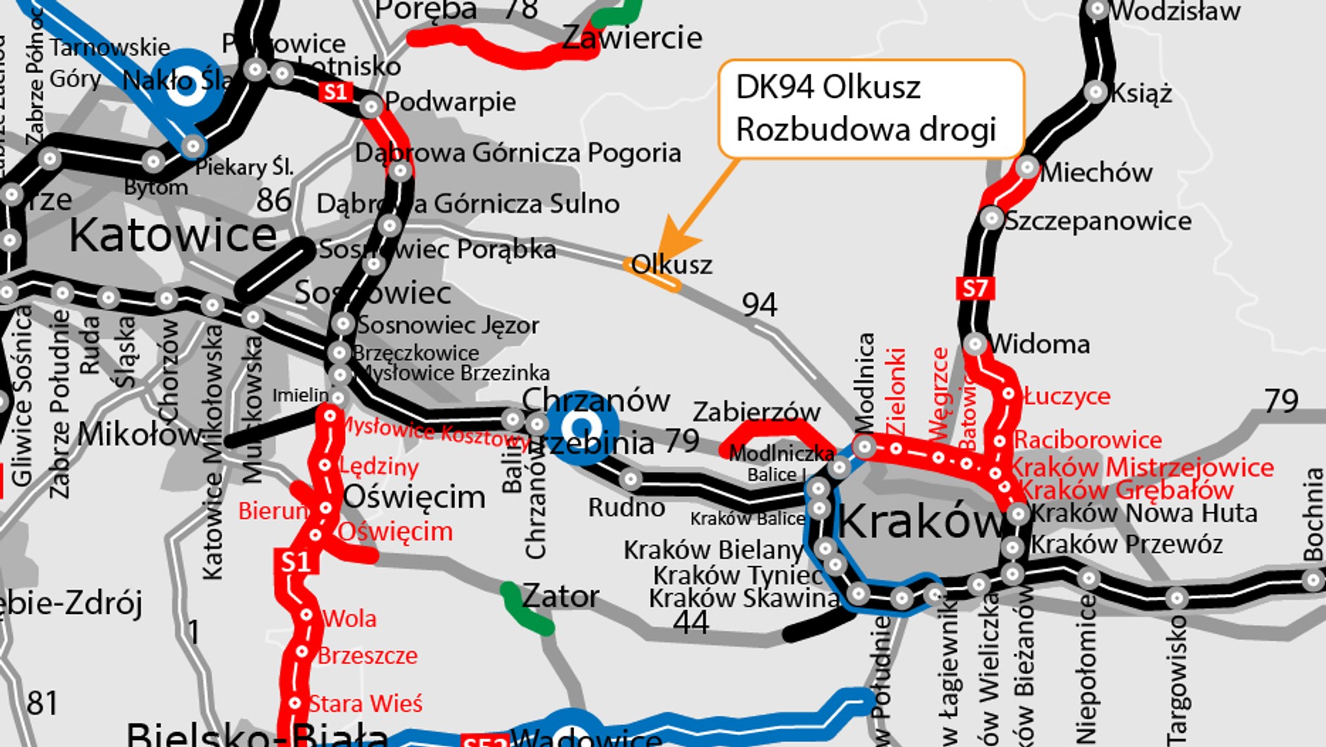 Mapa stanu budowy dróg na terenie części Małopolski i Śląska z wyróżnieniem rozbudowy DK94 w Olkuszu