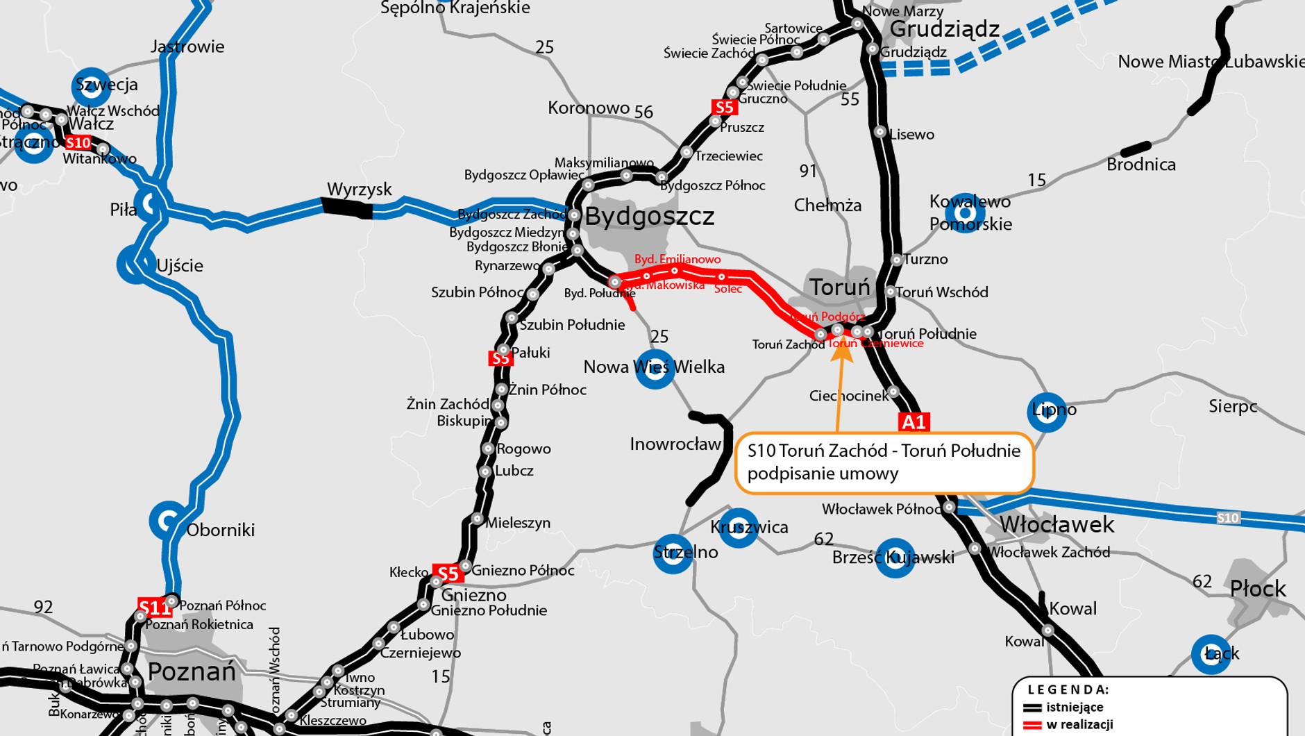 Lokalizacja drogi ekspresowej S10: odcinek Toruń Zachód — Toruń Południe