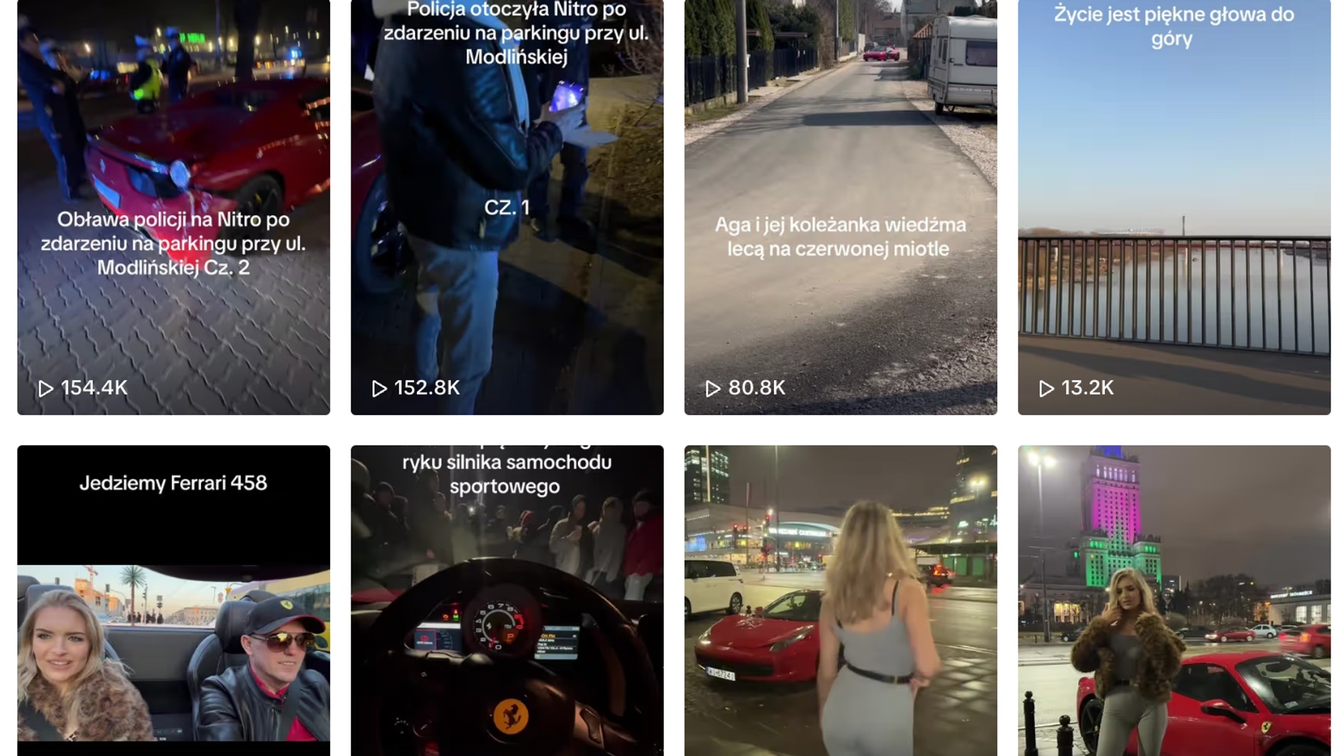 Na kanale tiktokera nie brakuje filmów pokazujących nie tylko "lans" na Ferrari, ale też sprzeczki z policją i ryzykowne zachowania na drodze.