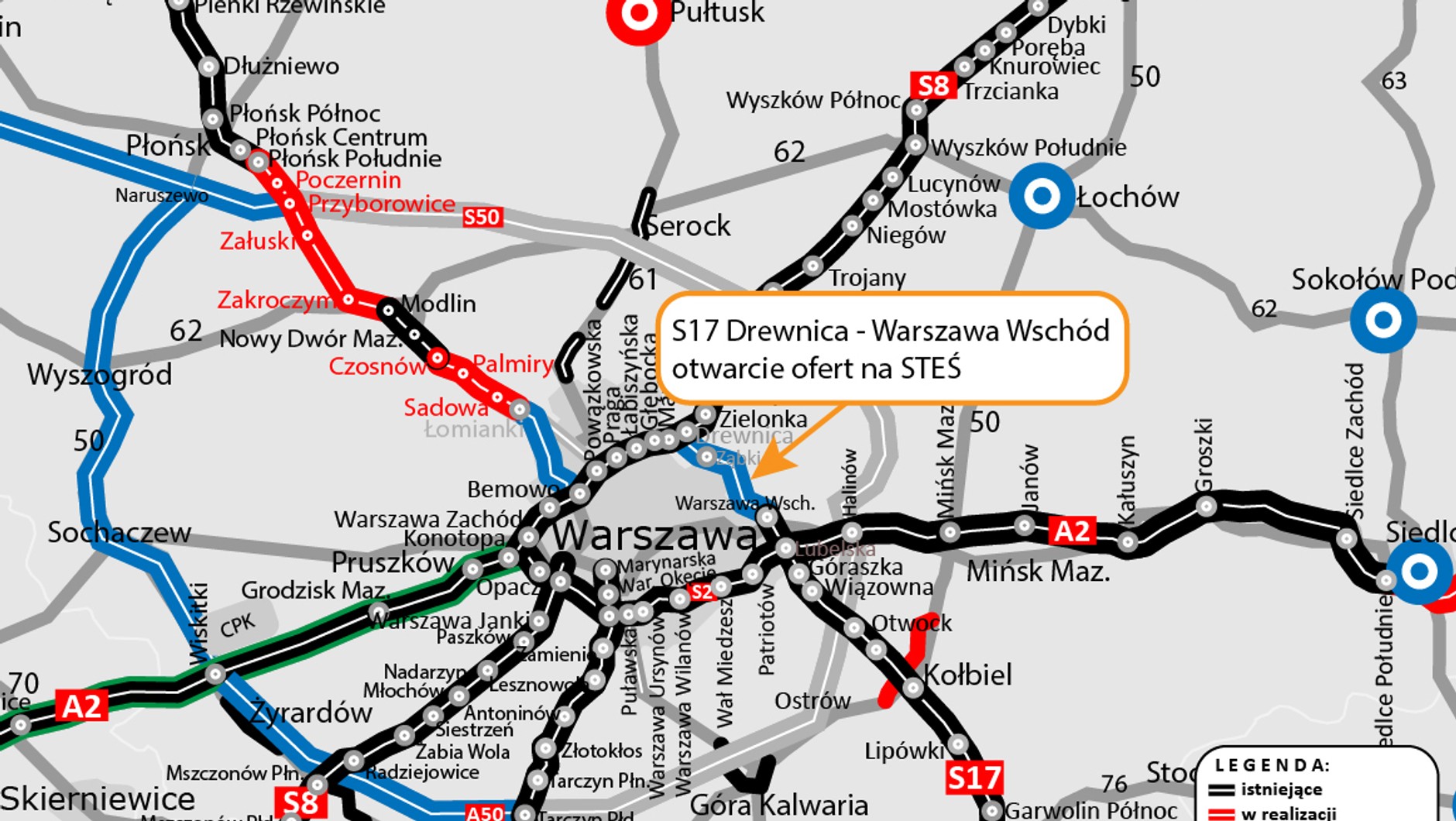 Droga S17 Wschodnia Obwodnica Warszawy - mapa