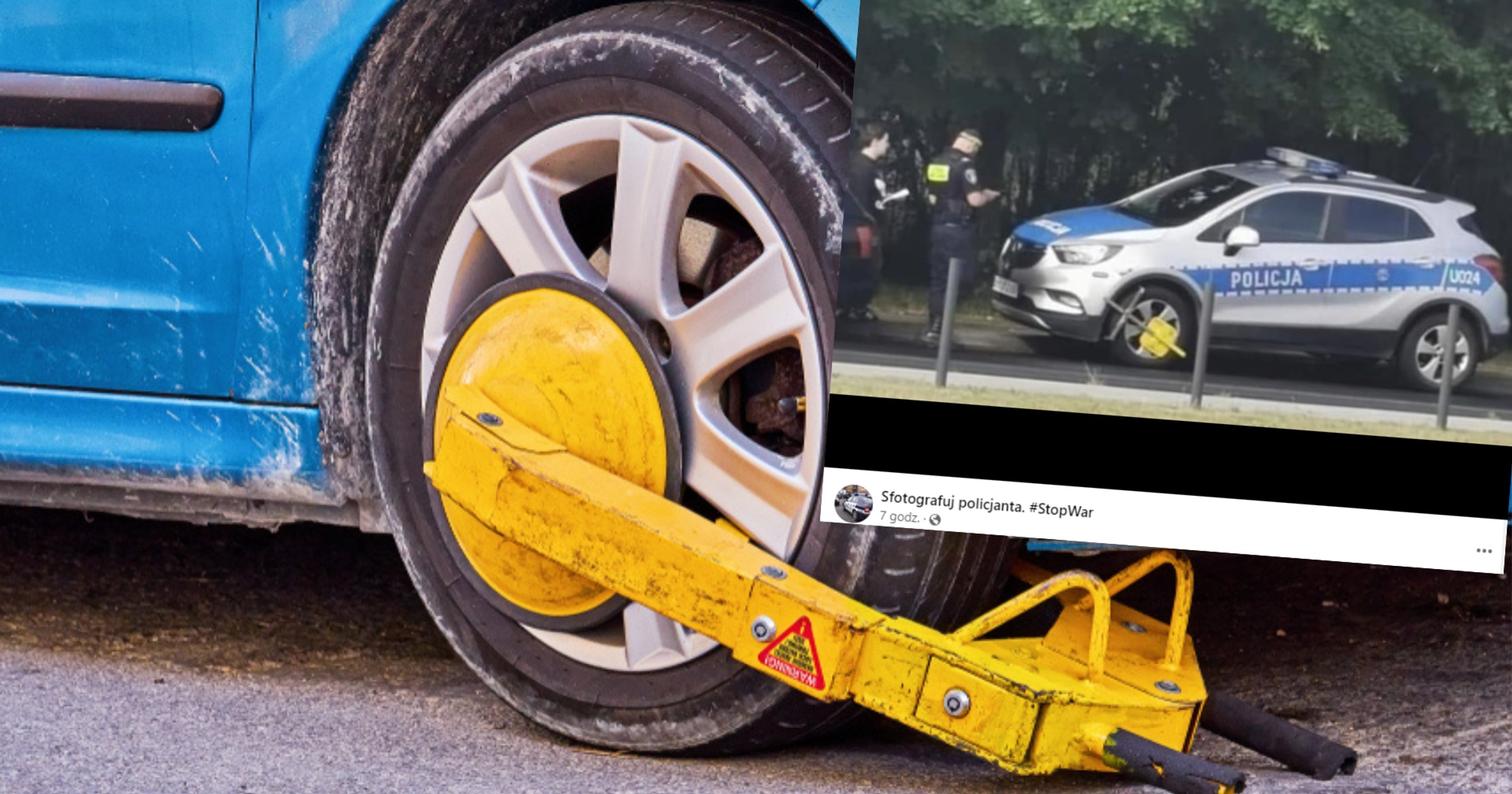 Radiowóz z blokadą na kole (screen: Facebook/Sfotografuj policjanta)