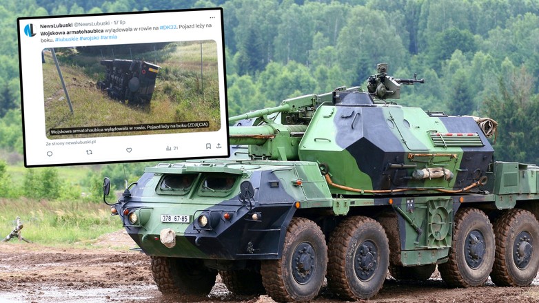 Potężna armatohaubica wpadła do rowu. Lubuska droga zablokowana (Screen: Twitter/NewsLubuski)