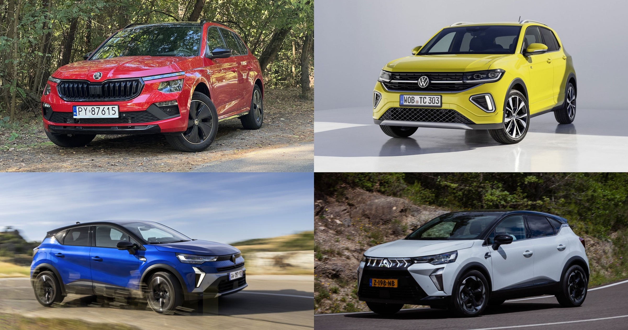 Najlepsze nowe SUV-y do 100 tys. zł: Skoda Kamiq, VW T-Roc, Mitsubishi ASX i Renault Captur (zgodnie z ruchem wskazówek zegara)