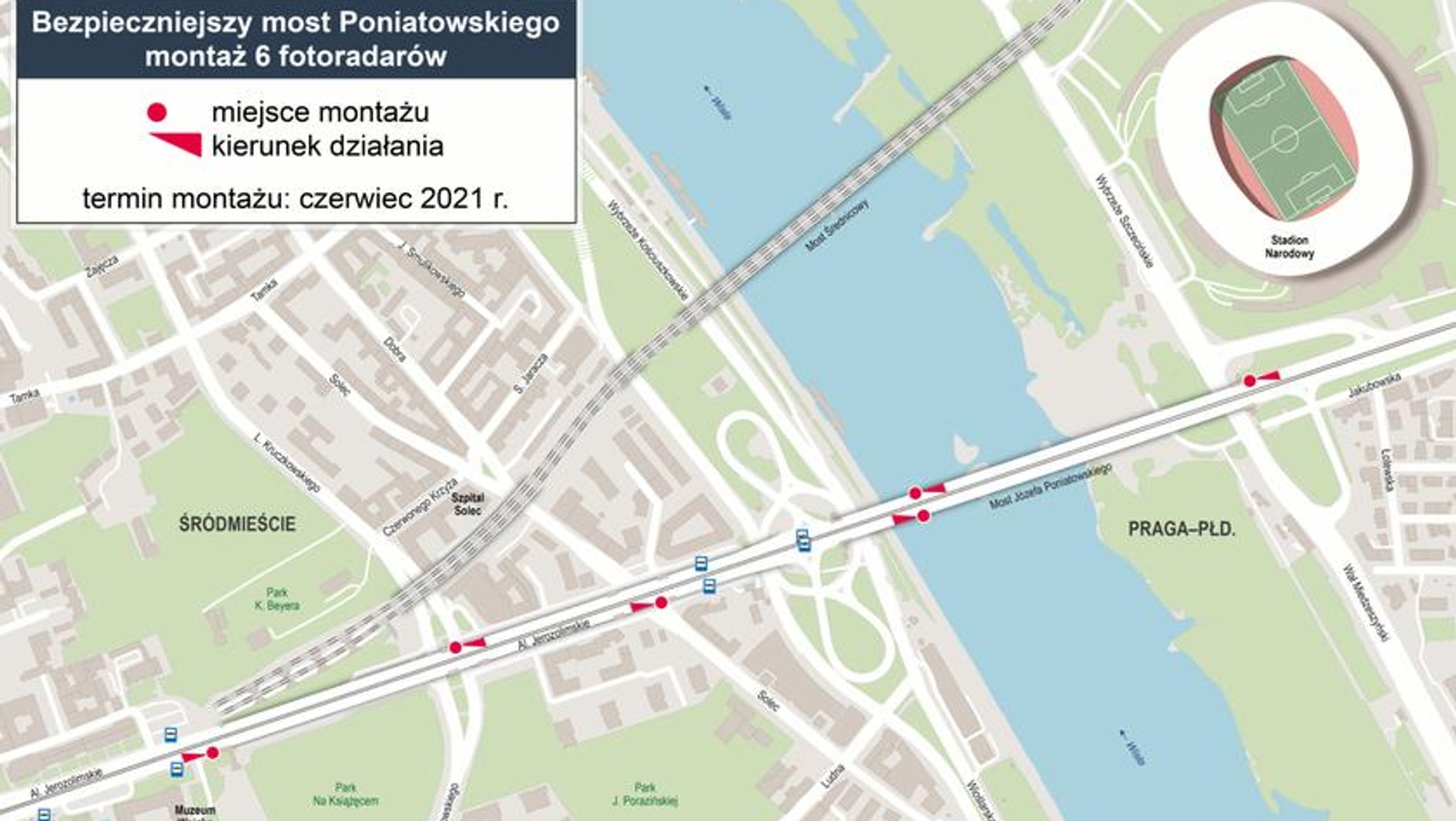 Miejsca z fotoradarami na moście Poniatowskiego