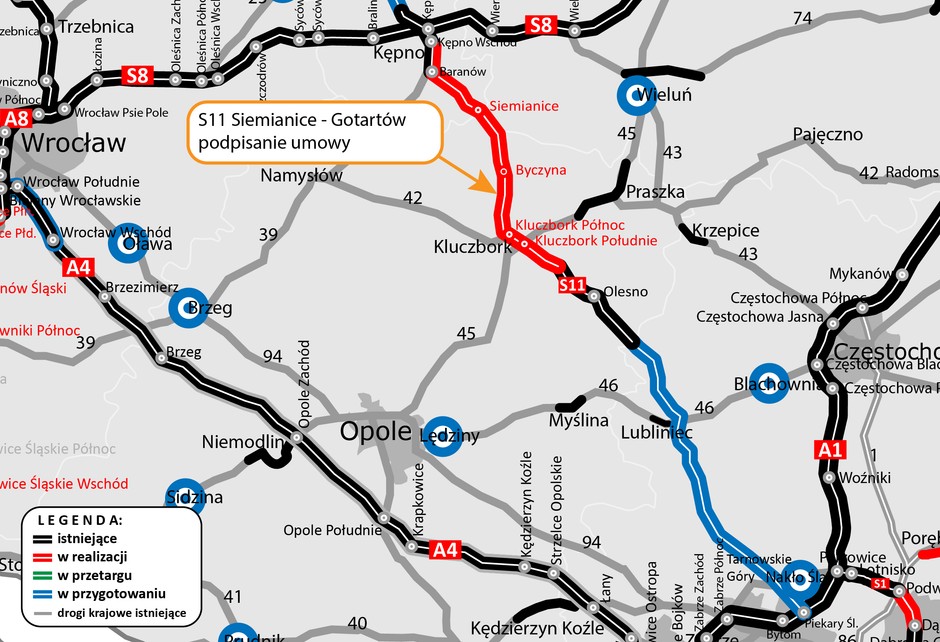 Mapa — odcinek drogi S11 Siemianice — Gotartów
