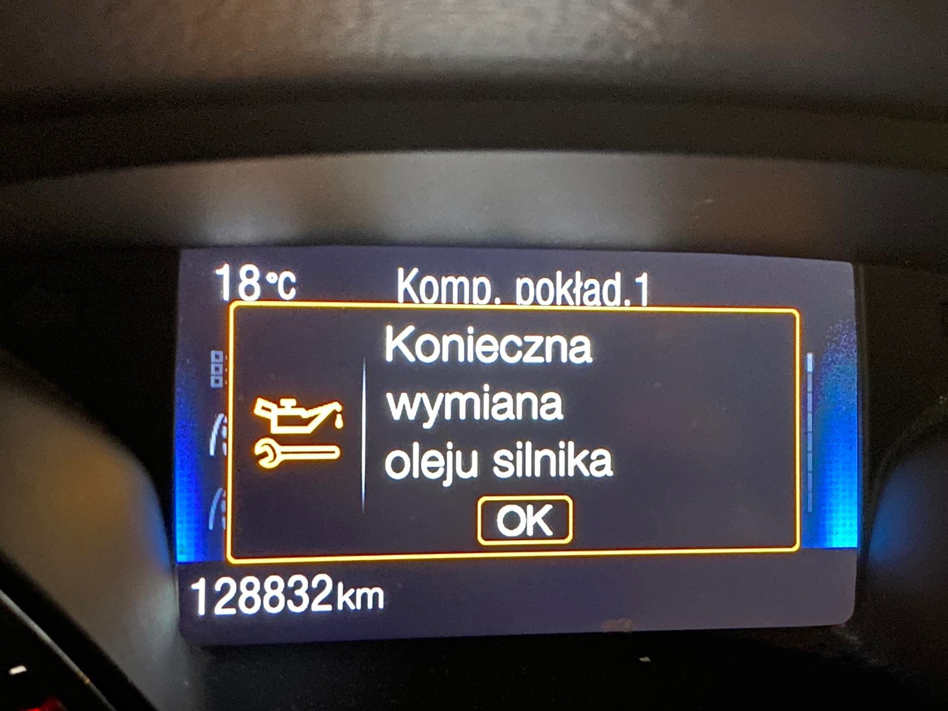 Informacja o konieczności wymiany oleju