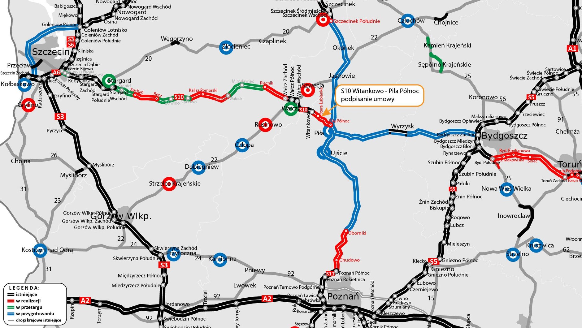 Mapa poglądowa - droga ekspresowa S10 Witankowo - Piła
