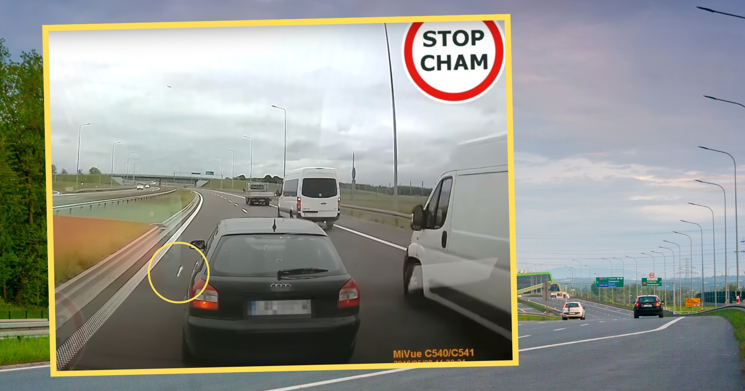 Kierowca Audi zatrzymał auto na lewym pasie. Z okien wyleciały nieznane przedmioty (screen: STOP CHAM/YouTube)