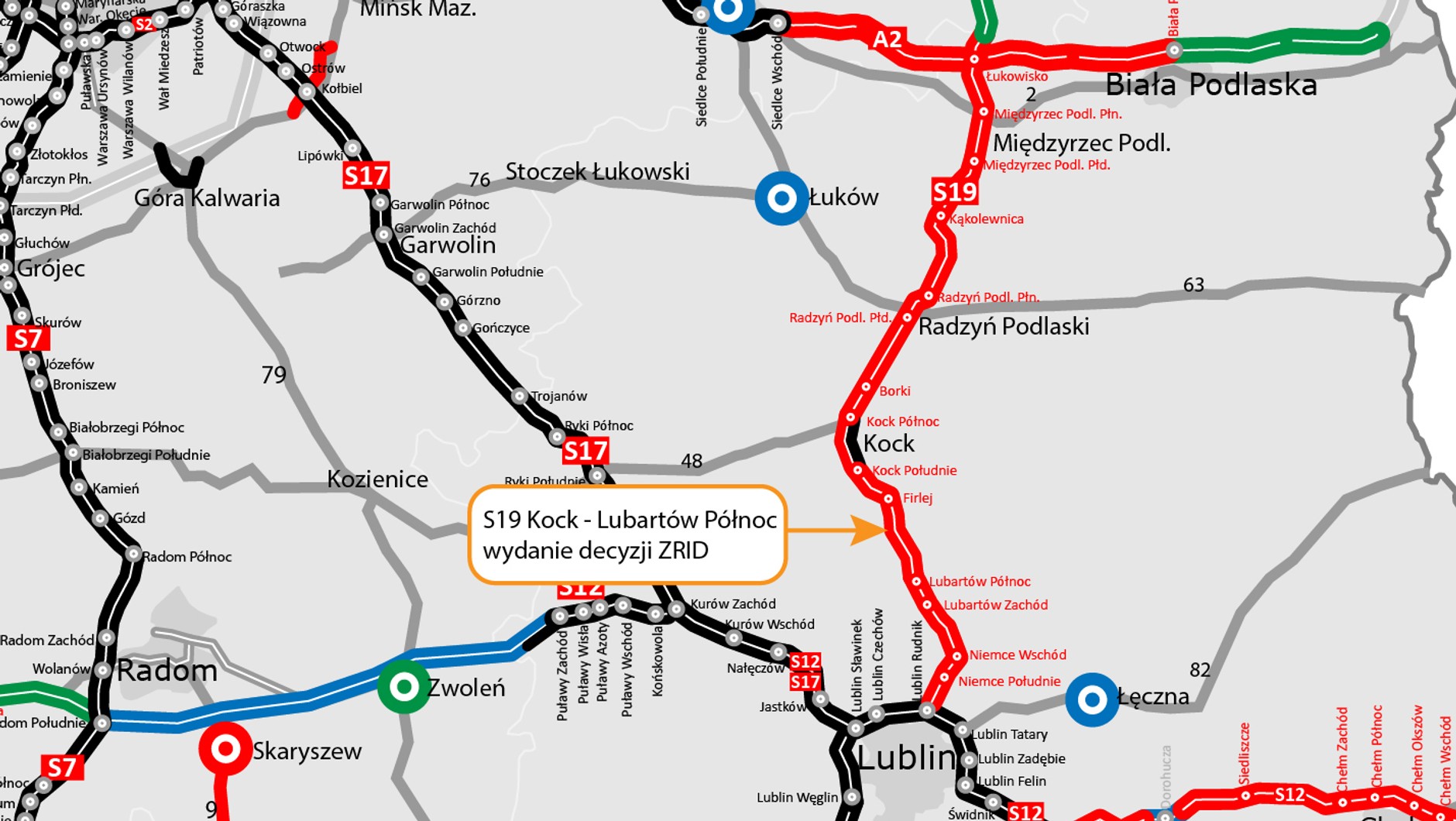 S19 Kock - Lubartów, mapa poglądowa