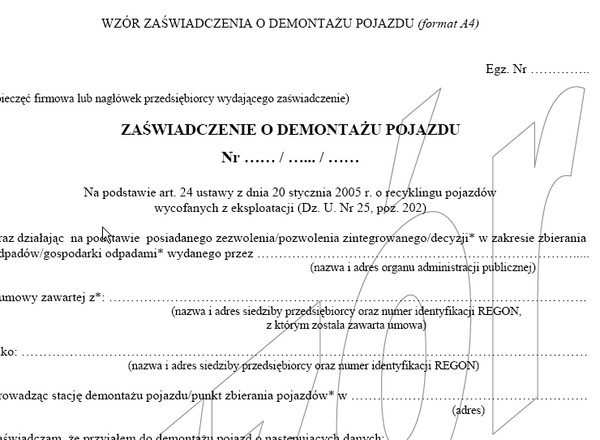 Wzór zaświadczenia o demontażu pojazdu