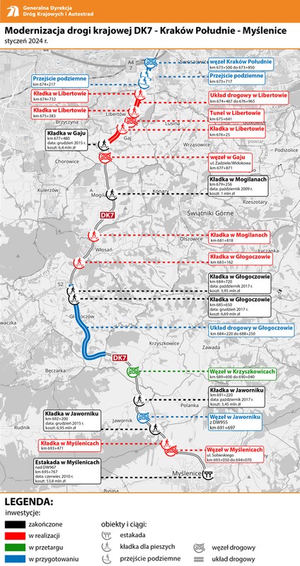 Mapa planowanej modernizacji zakopianki między Krakowem a Myślenicami