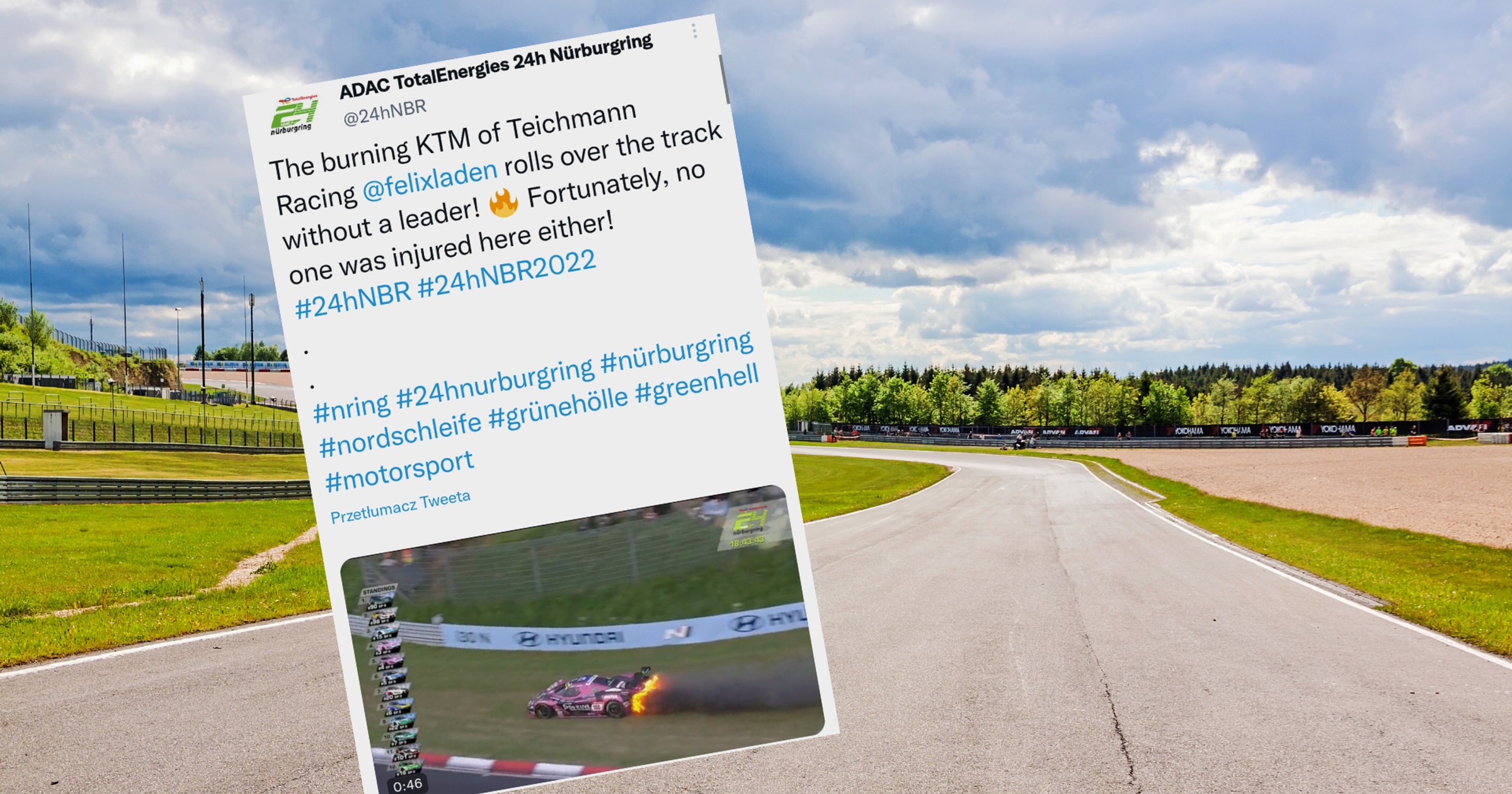 Samochód KTM X-Bow stanął w płomieniach podczas 24-godzinnego wyścigu na torze Nürburgring (fot. 24hNBR\Twitter)