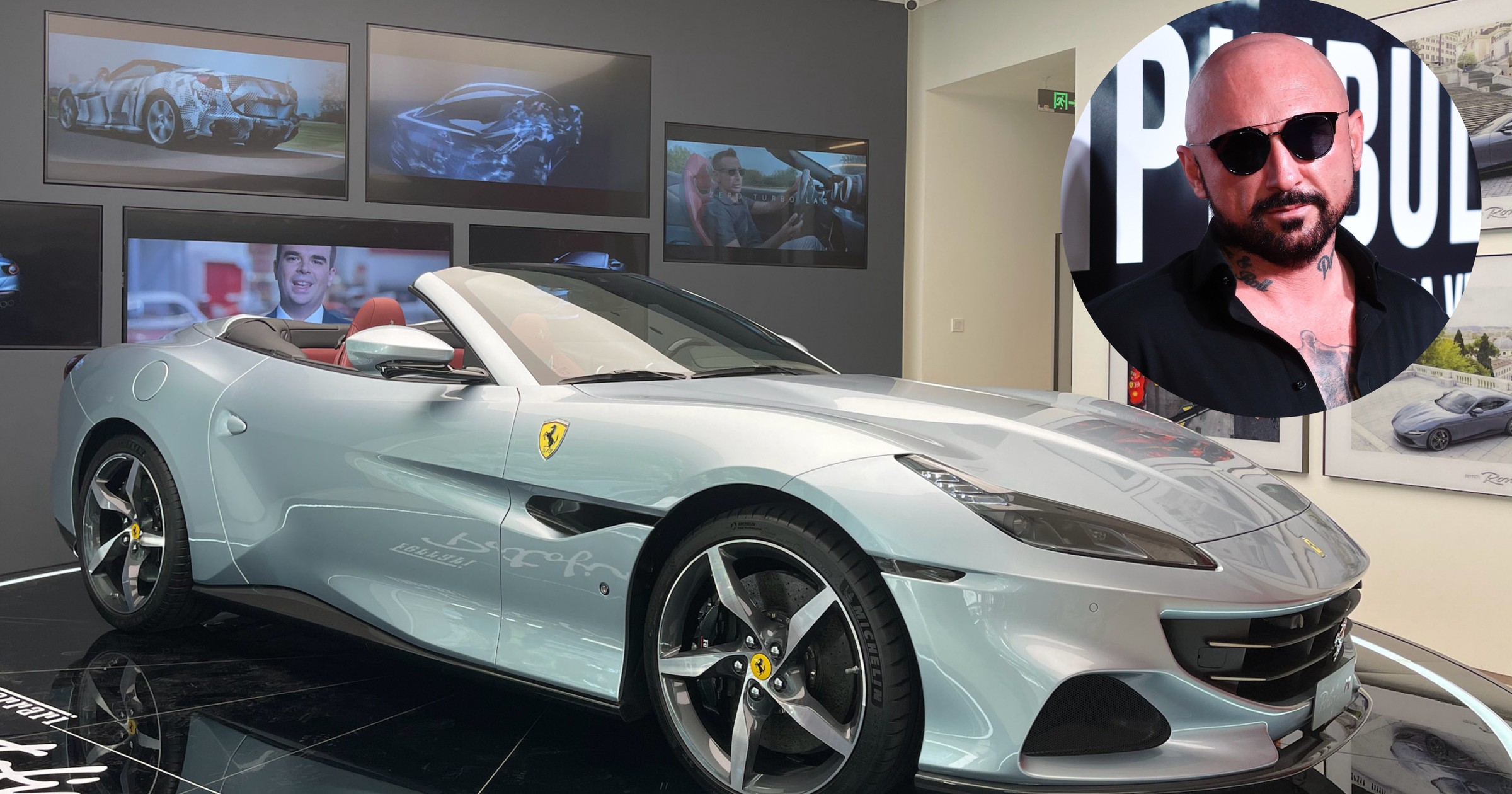 Patryk Vega był widziany na ulicach Warszawy w srebrnym Ferrari Portofino M (fot. Jack Skeens/Shutterstock, Radek Pietruszka/PAP)