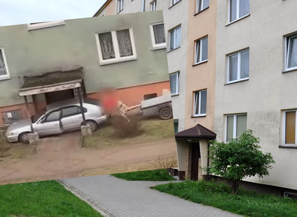 "Transport pod same drzwi". Samochód utknął pod klatką bloku [Nagranie]