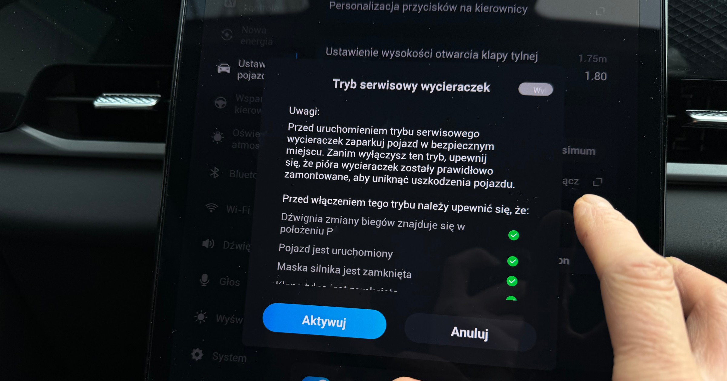 Tryb serwisowy wycieraczek