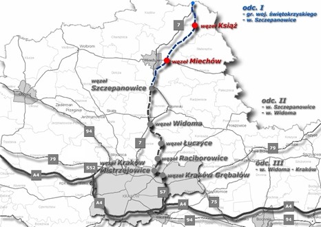 Orientacyjna mapa inwestycji na odcinku Moczydło (granica z woj. świętokrzyskim) – Szczepanowice – Widoma – Zastów – Kraków (do węzła „Igołomska”)