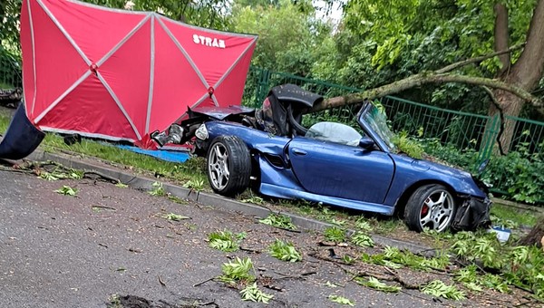 Uderzył Porsche w drzewo. Siła była tak duża, że z auta wypadł silnik 