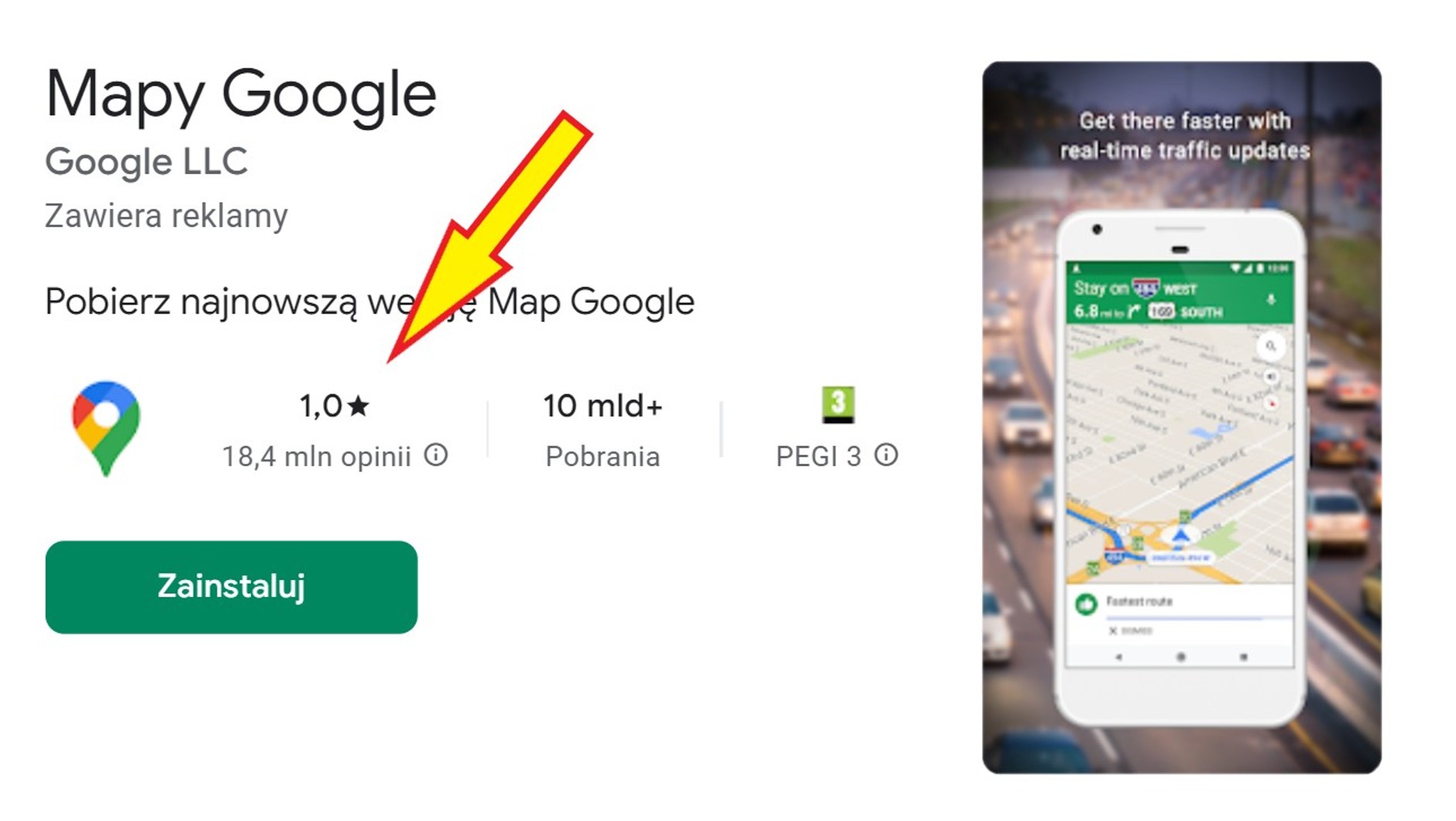 Zrzut ekranu z oceną aplikacji Mapy Google