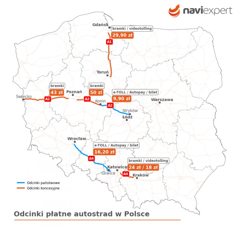 Mapa płatnych autostrad w Polsce