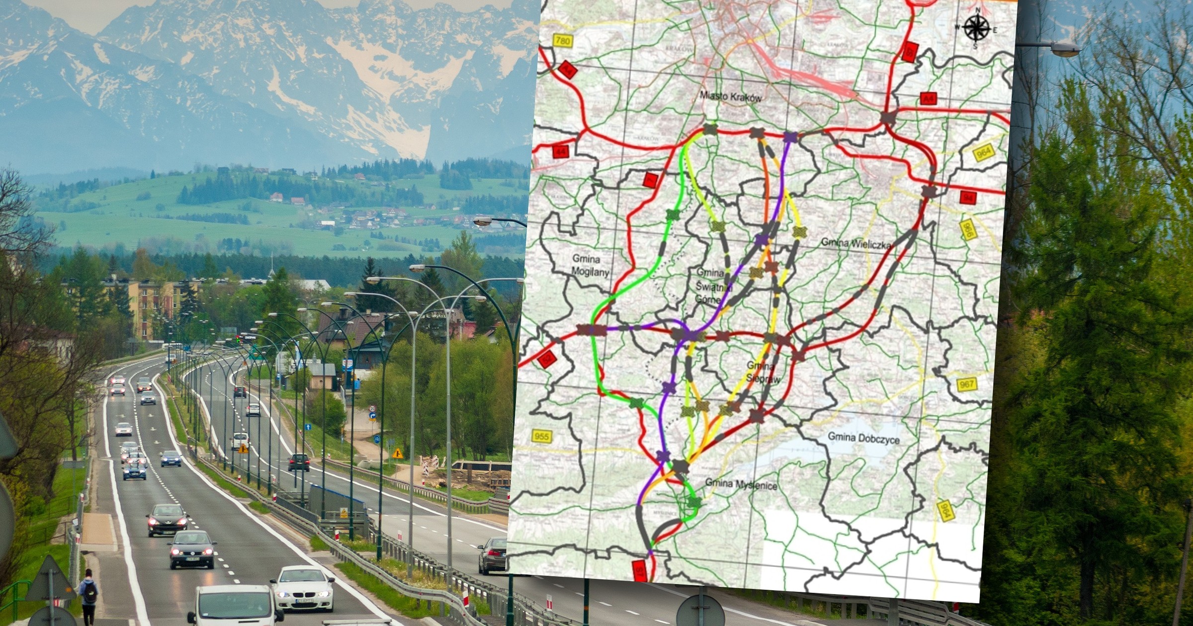 Planowane przebiegi drogi S7 Kraków-Myślenice