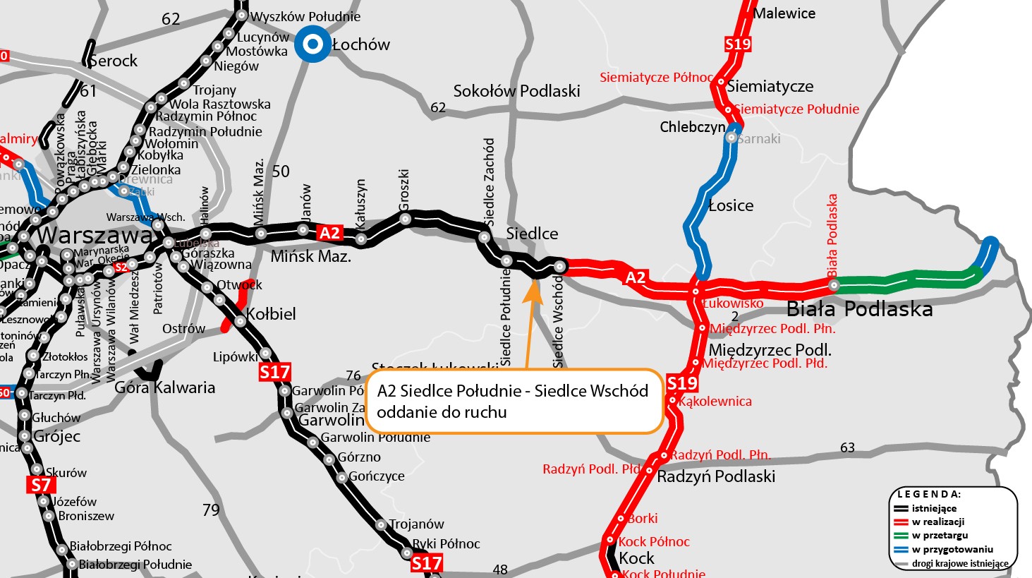 Autostrada A2 od węzła Siedlce Południe do okolic Malinowca - mapa