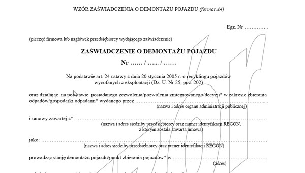 Wzór zaświadczenia o demontażu pojazdu