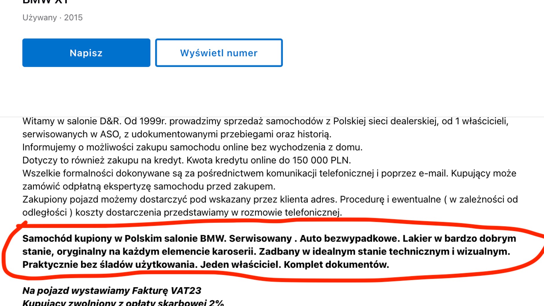 Fragment ogłoszenia: trudno, chcąc kupić auto, nie uwierzyć w tak stanowcze zapewnienie sprzedawcy