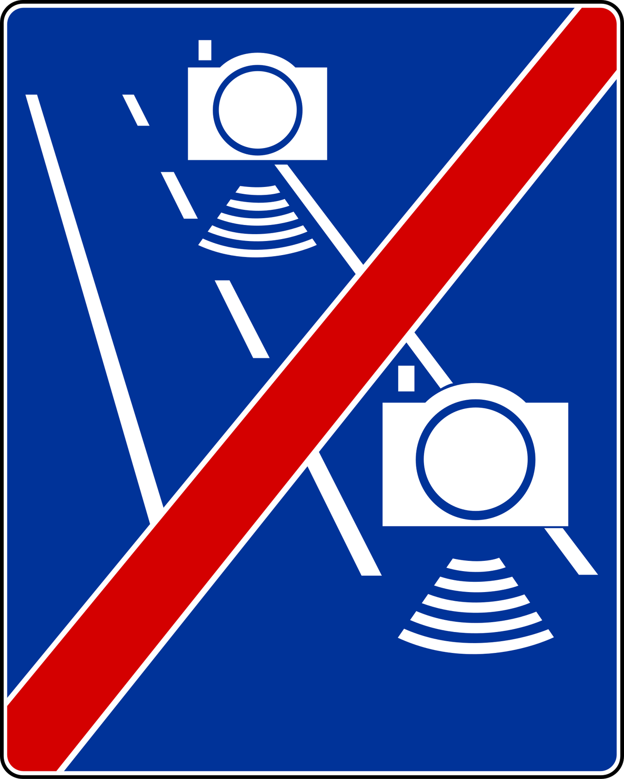Znak informujący o końcu odcinkowego pomiaru prędkości