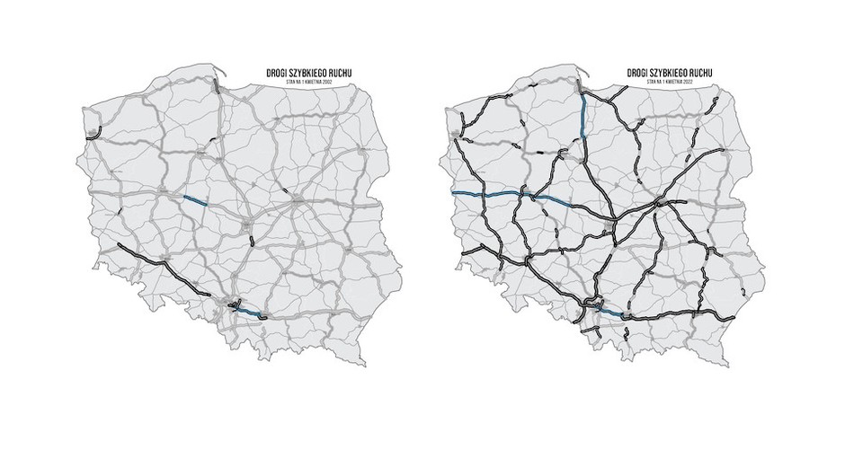 Mapa dróg w Polsce w 2002 i 2022 r.