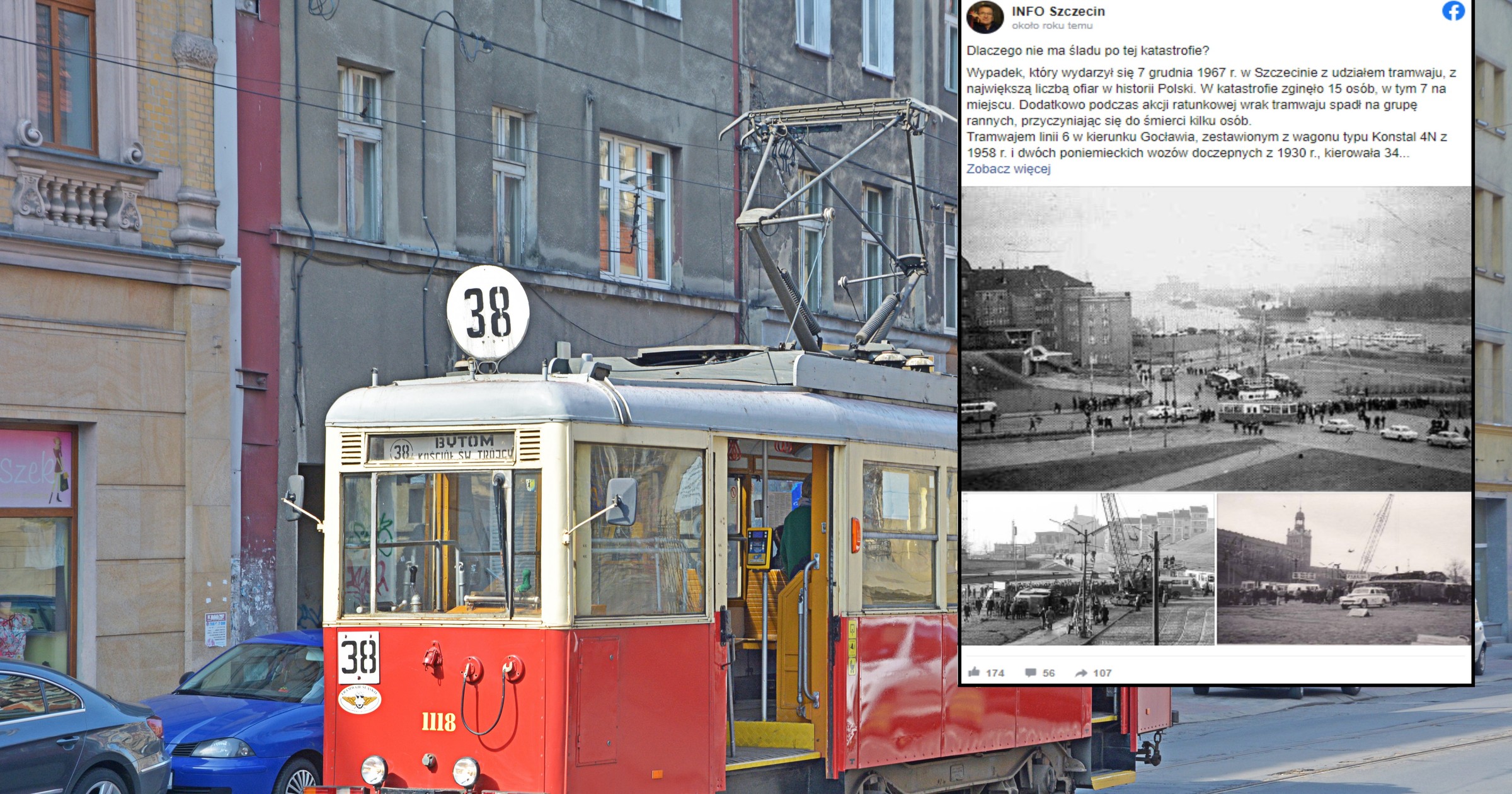 W katastrofie tramwaju w Szczecinie zginęło 15 osób. Na zdjęciu podobny typ tramwaju (Konstal N) na ulicach Bytomia w 2019 r. (screen: Facebook.com/INFOSzczecin)