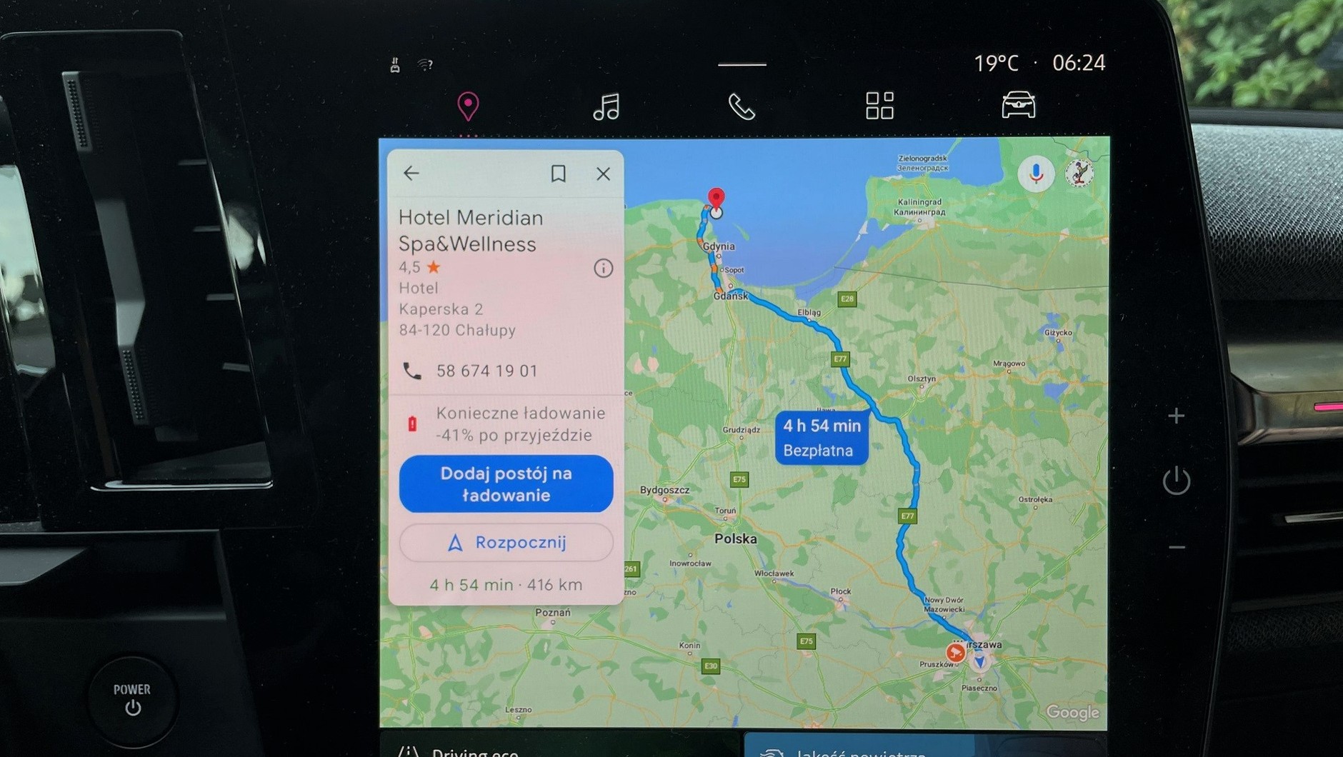 Trasa zaproponowana przez nawigację Renault Megane E-Tech