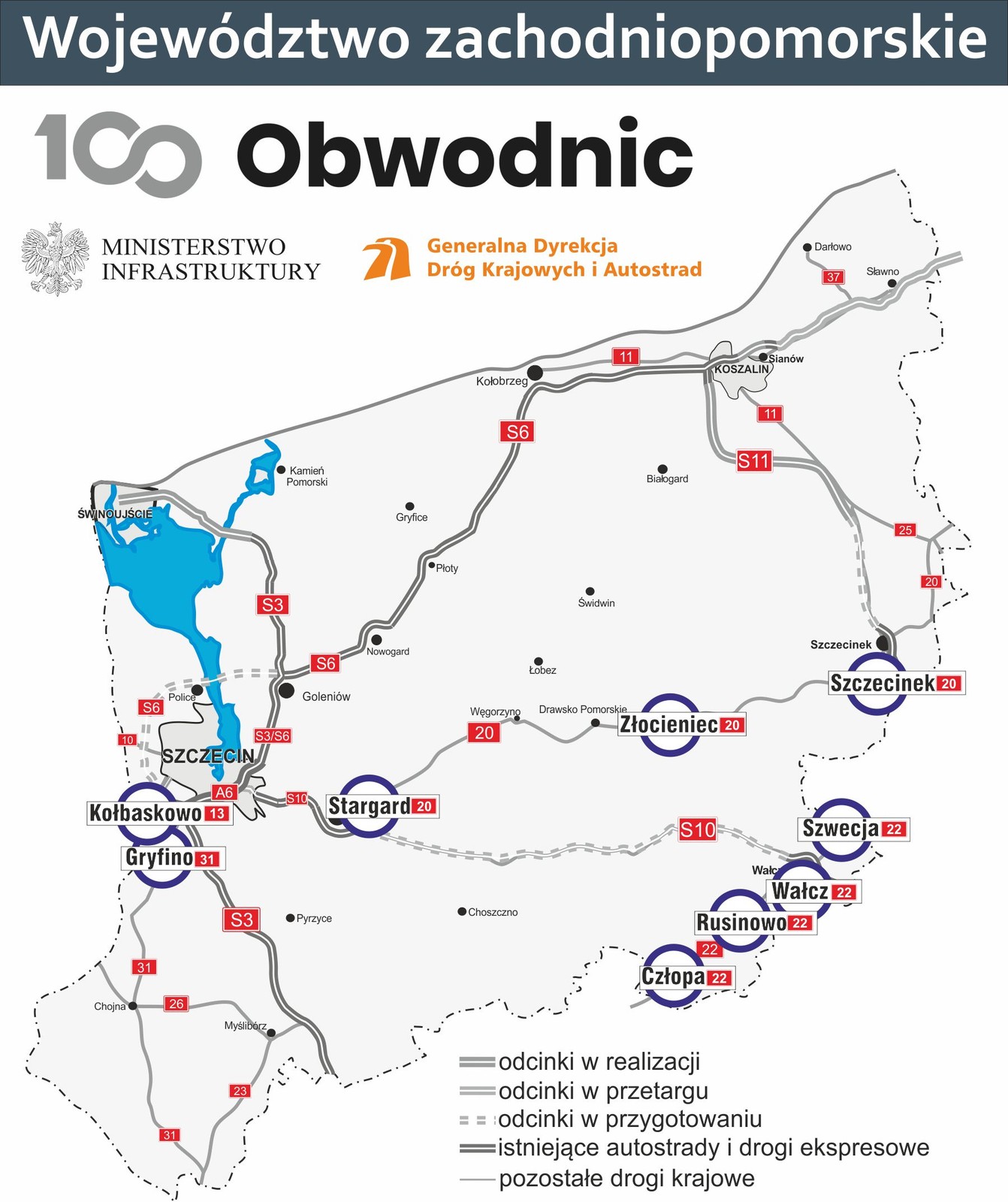 Mapa zadań z Programu 100 obwodnic w woj. zachodniopomorskim