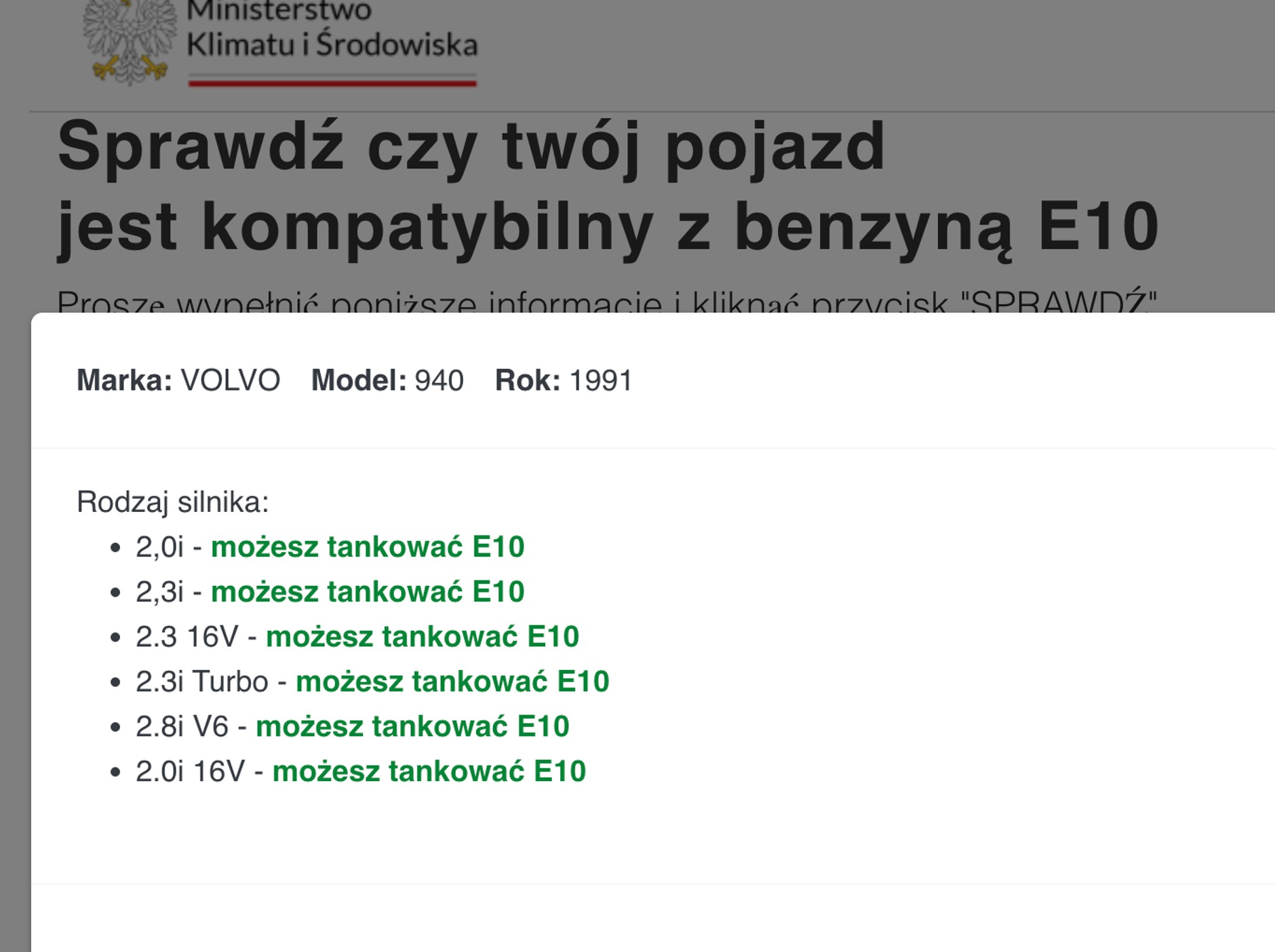 Według wyszukiwarki na rządowych stronach to leciwe Volvo, mio wieku ma być kompatybilne z paliwem E10. Mechanicy twierdzą, że jest inaczej. 