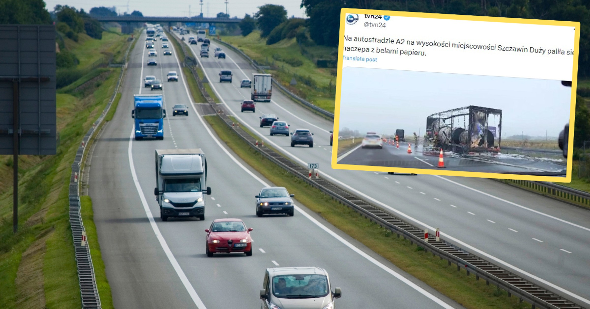 Pożar naczepy na autostradzie A2 (fot. X/TVN24)