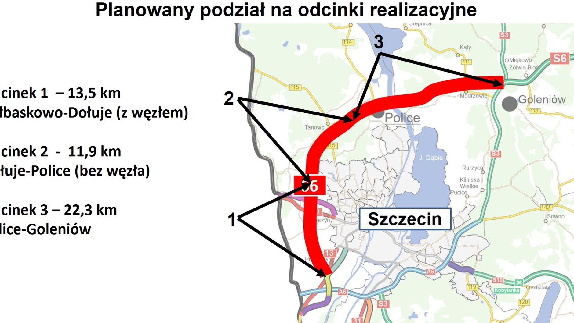 Przebieg Zachodniej Obwodnicy Szczecina w ciągu drogi S6 z podziałem na przyszłe odcinki realizacyjne
