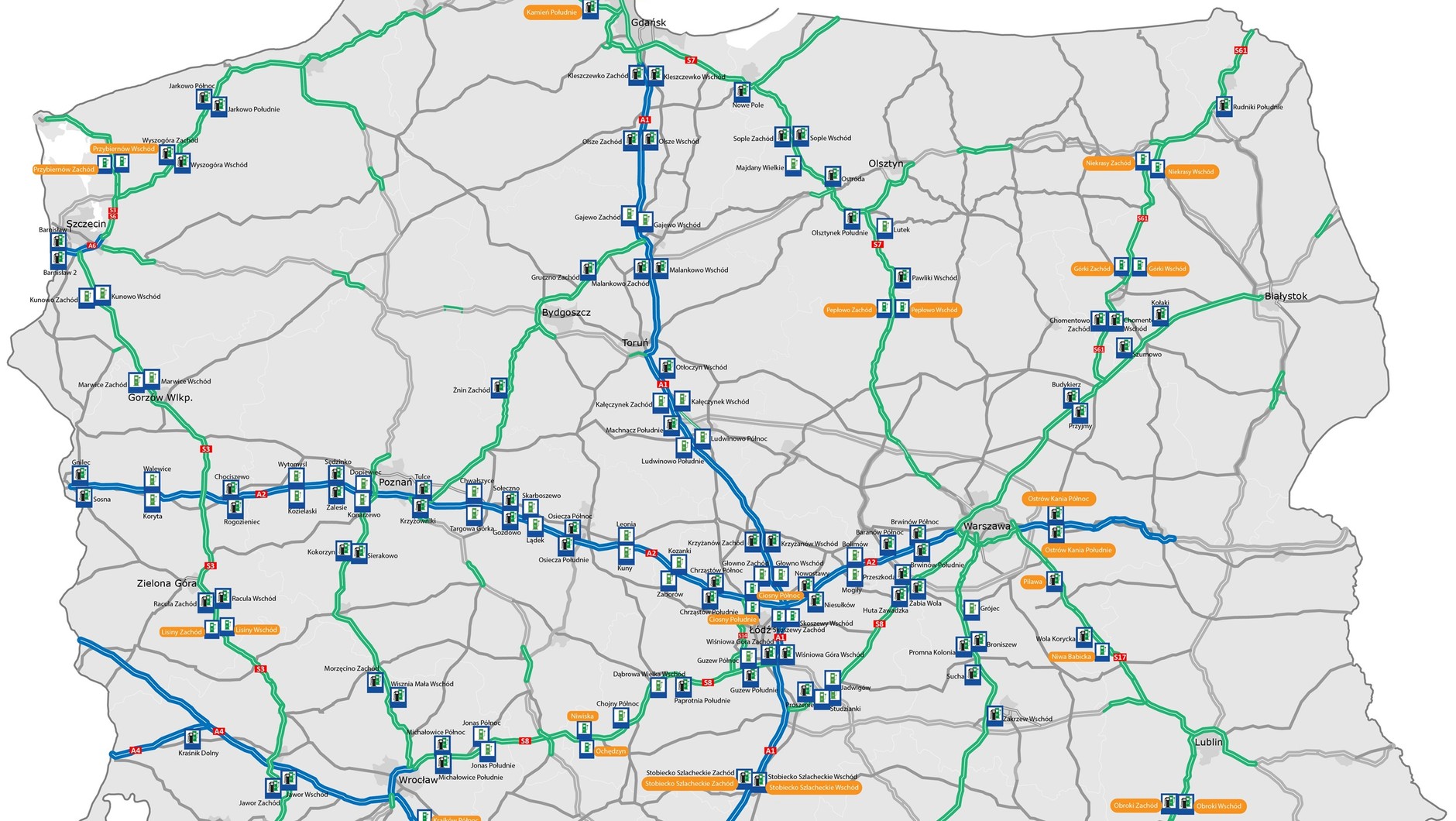 Mapa MOP-ów ze stacjami ładowania pojazdów elektrycznych