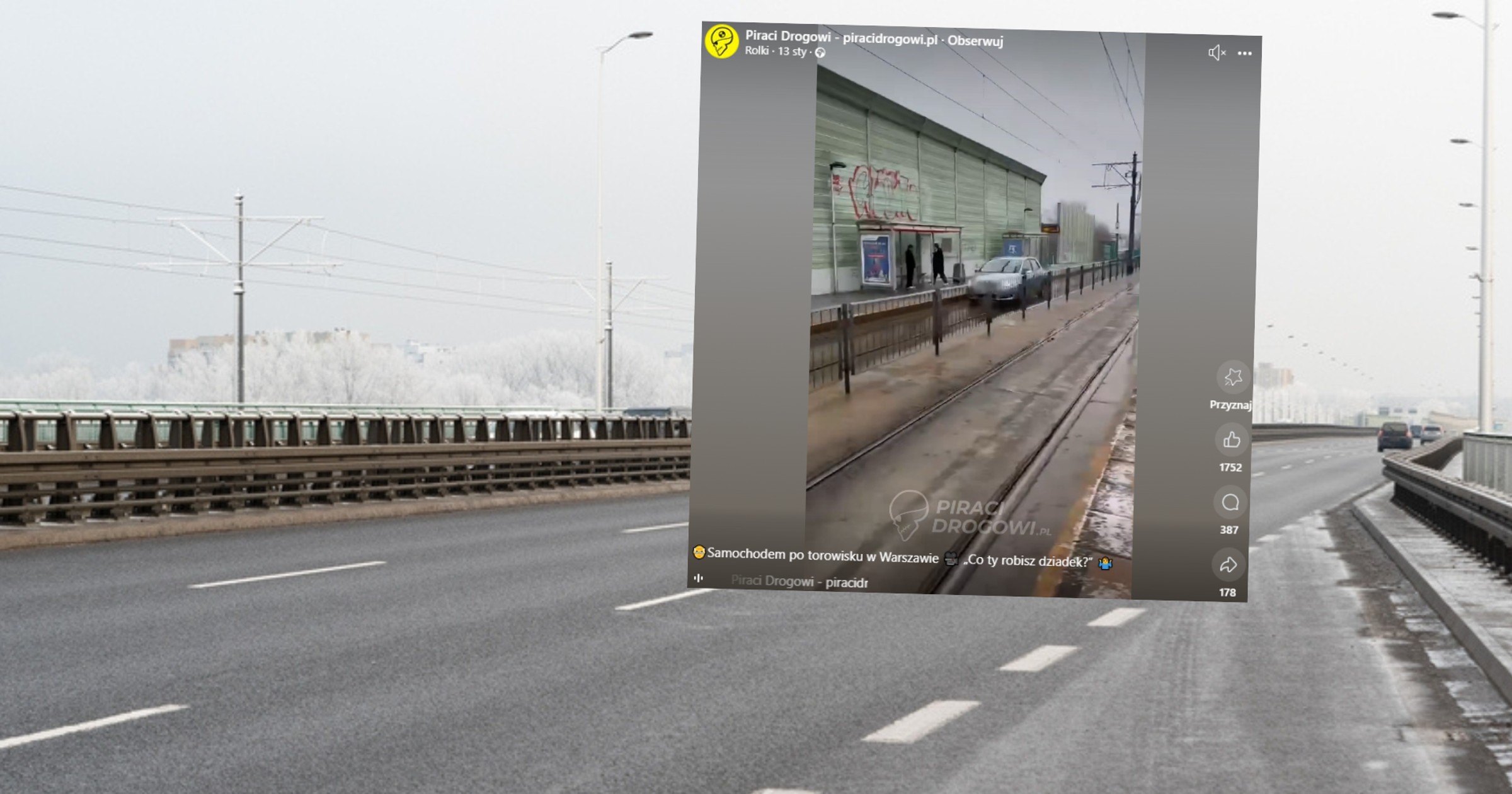 Wjechał samochodem na torowisko na moście Północnym (Screen:Facebook.com/@piracidrogowi)