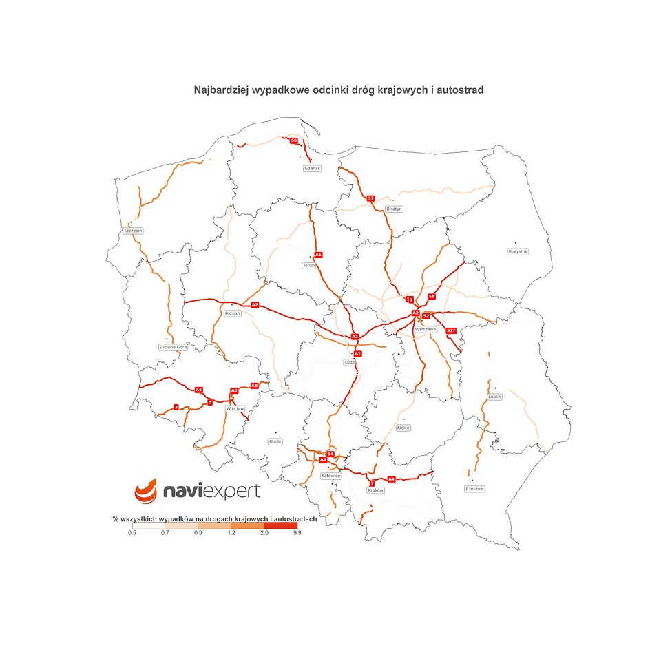 Najbardziej wypadkowe odcinki dróg krajowych i autostrad w majówkę 2023