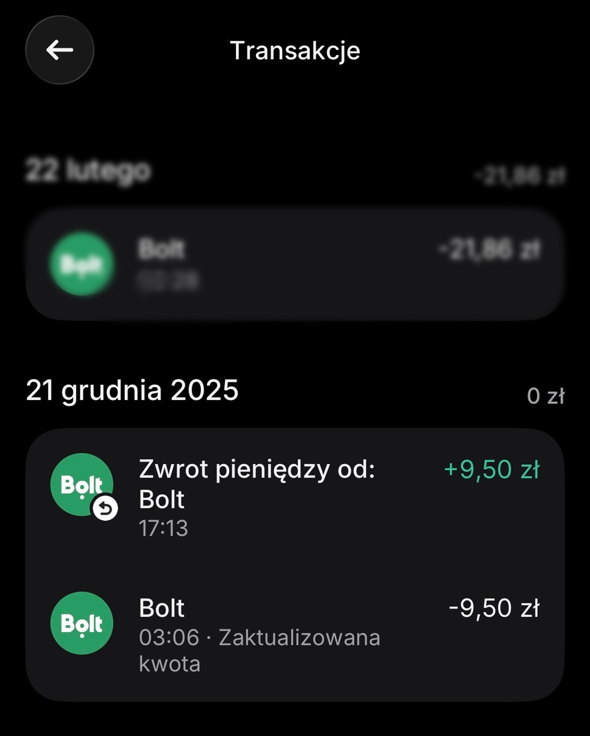 Potwierdzenie zwrotu opłaty za anulowanie przejazdu w Bolcie