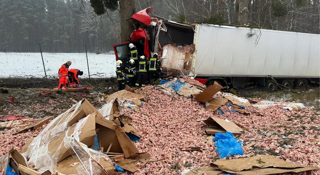 Ciężarówka pełna mięsa uderzyła w drzewo