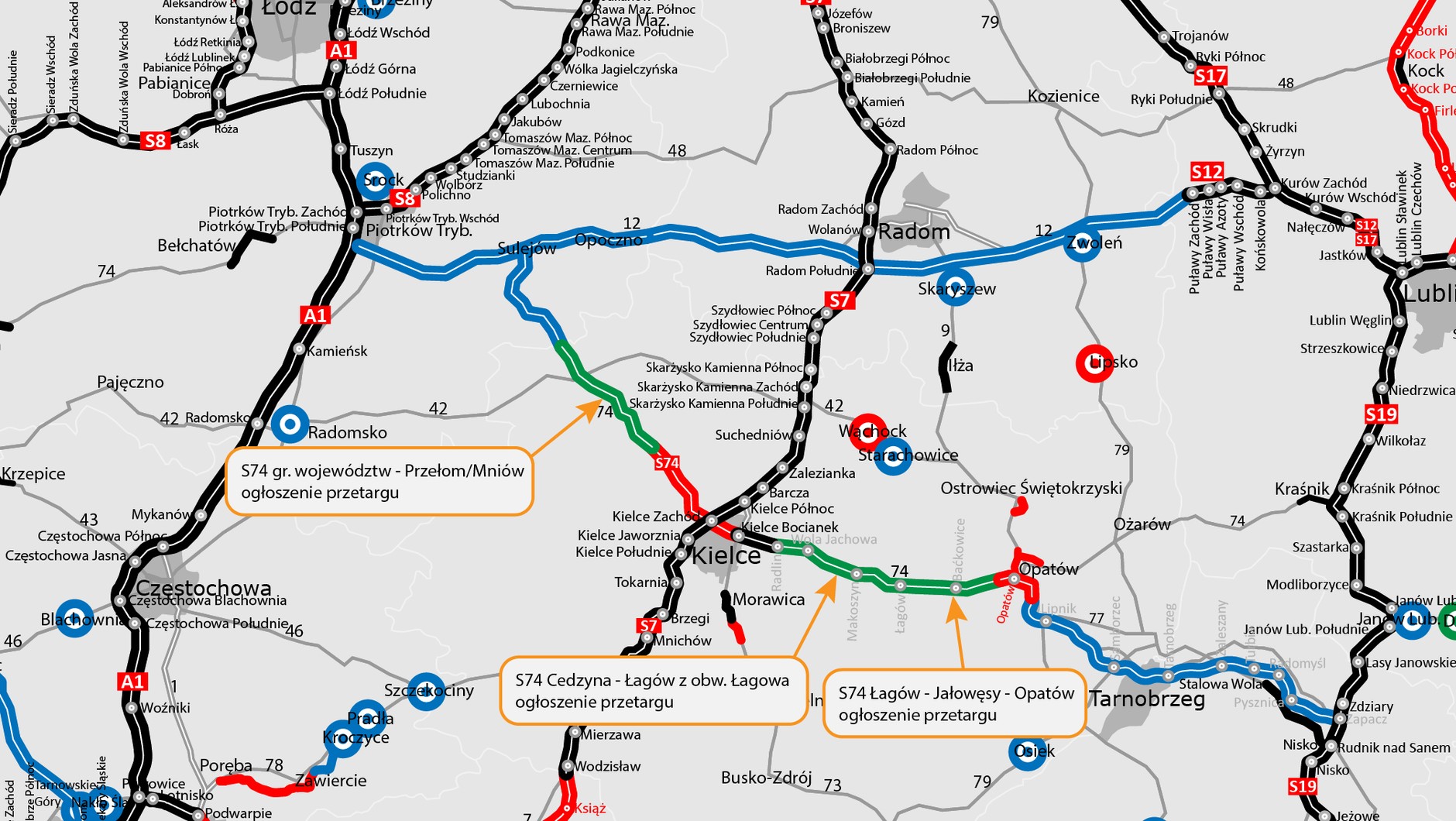 Mapa z przebiegiem drogi S74