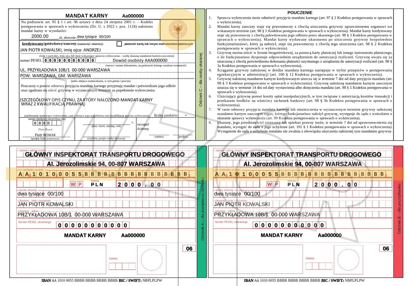 Wzór mandatu karnego z fotoradaru